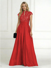 A Line/Princess Stand Collar Short Sleeve Long Elegant Mother of the Bride Dresses
