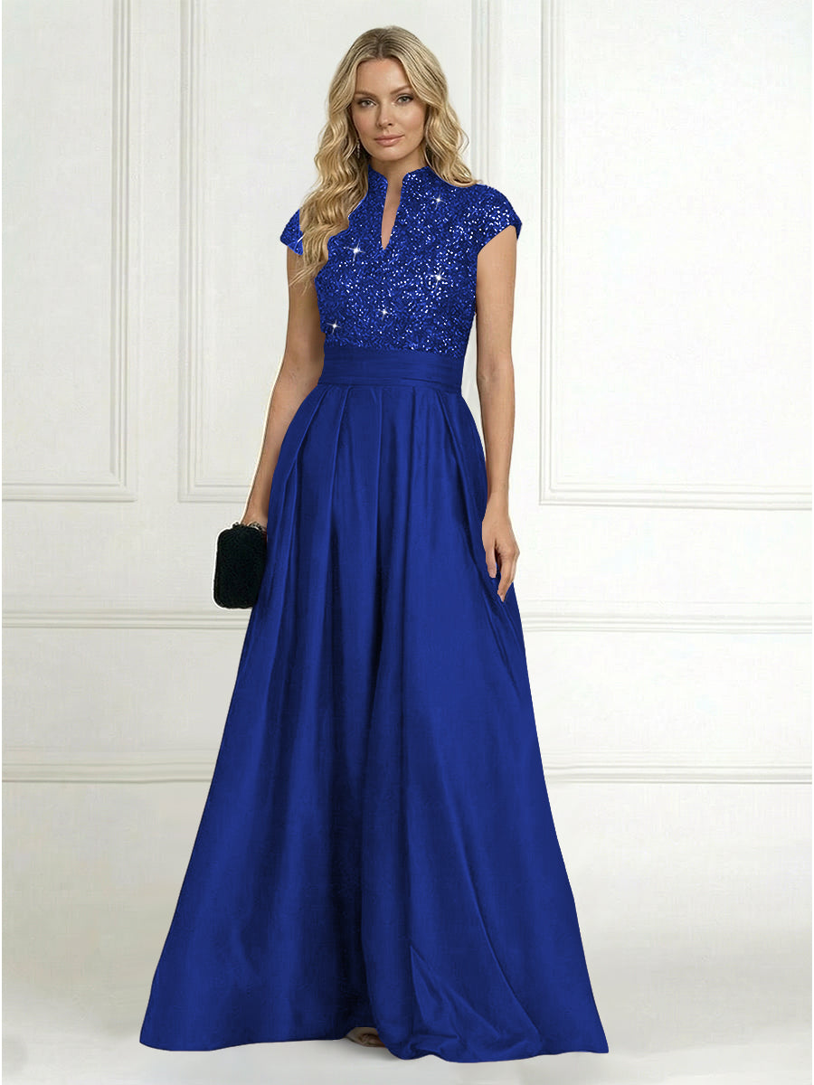 Shirees Royal Blue A Line/Princess Stand Collar Short Sleeve Long Elegant Mother of the Bride Dresses 2026 Shirees Royal Blue A Line/Princess Stand Collar Short Sleeve Long Elegant Mother of the Bride Dresses 2026