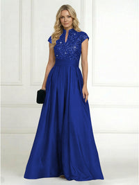 A Line/Princess Stand Collar Short Sleeve Long Elegant Mother of the Bride Dresses