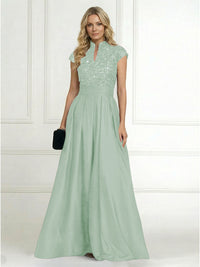 A Line/Princess Stand Collar Short Sleeve Long Elegant Mother of the Bride Dresses