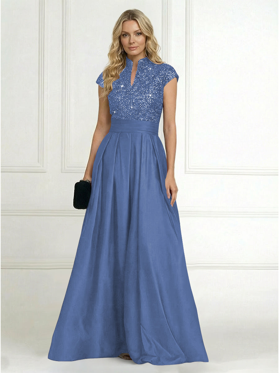 Shirees Steel Blue A Line/Princess Stand Collar Short Sleeve Long Elegant Mother of the Bride Dresses 2026 Shirees Steel Blue A Line/Princess Stand Collar Short Sleeve Long Elegant Mother of the Bride Dresses 2026