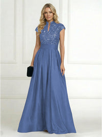 A Line/Princess Stand Collar Short Sleeve Long Elegant Mother of the Bride Dresses