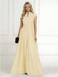 A Line/Princess Stand Collar Short Sleeve Long Elegant Mother of the Bride Dresses