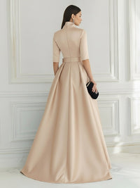 A Line/Princess V Neck Half Sleeve Elegant Evening Dresses with Lace Appliques
