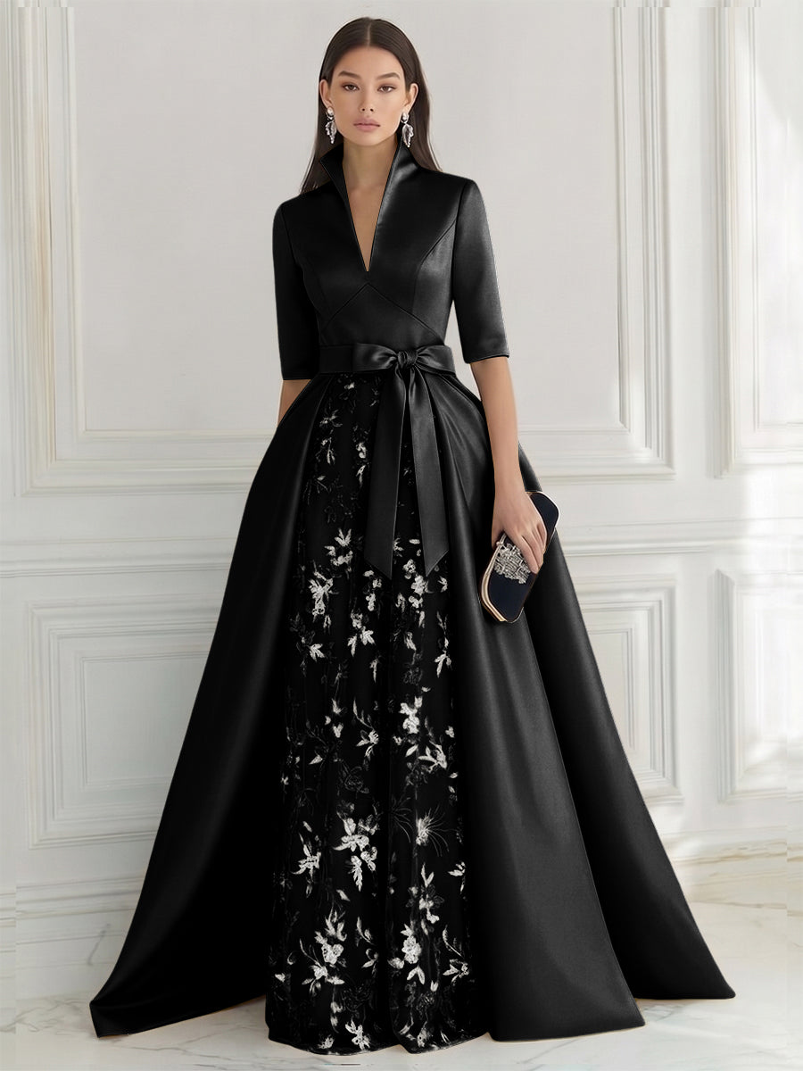 A Line/Princess V Neck Half Sleeve Elegant Evening Dresses with Lace Appliques