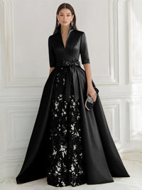 A Line/Princess V Neck Half Sleeve Elegant Evening Dresses with Lace Appliques