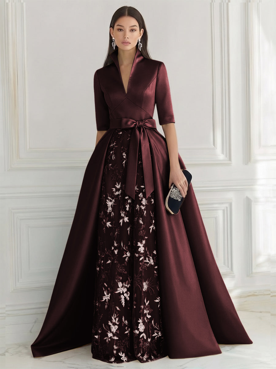 A Line/Princess V Neck Half Sleeve Elegant Evening Dresses with Lace Appliques