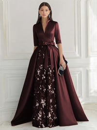 A Line/Princess V Neck Half Sleeve Elegant Evening Dresses with Lace Appliques