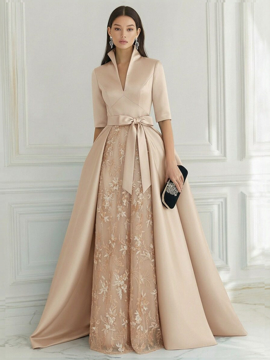 A Line/Princess V Neck Half Sleeve Elegant Evening Dresses with Lace Appliques