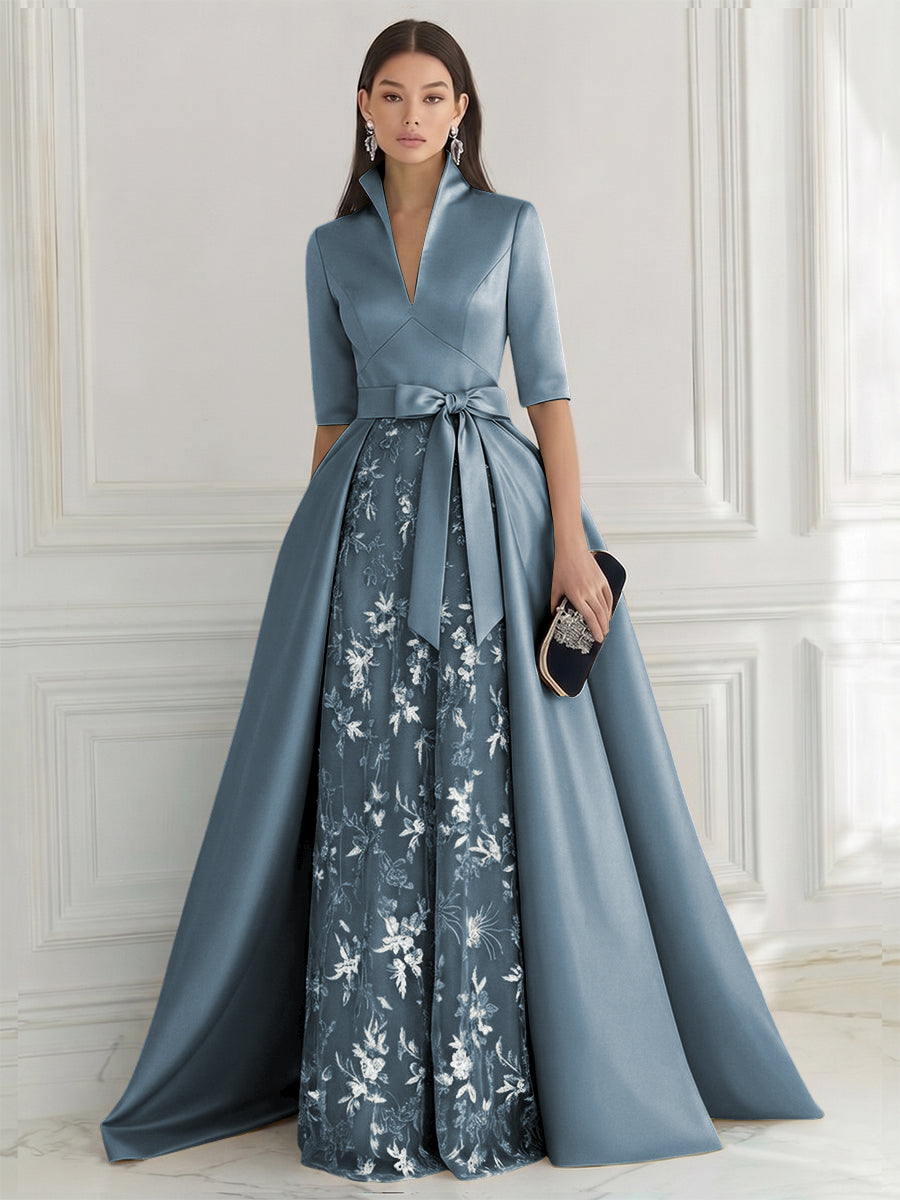 A Line/Princess V Neck Half Sleeve Elegant Evening Dresses with Lace Appliques