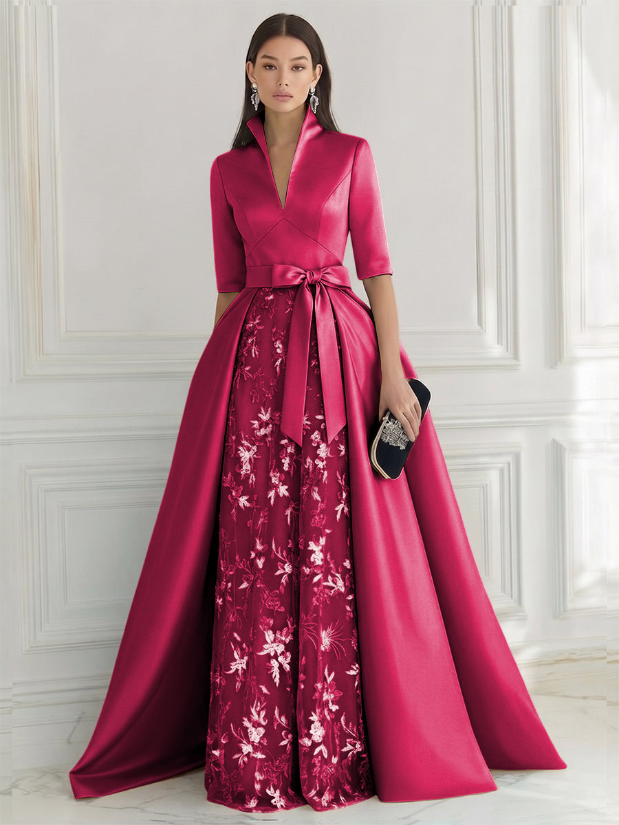 A Line/Princess V Neck Half Sleeve Elegant Evening Dresses with Lace Appliques