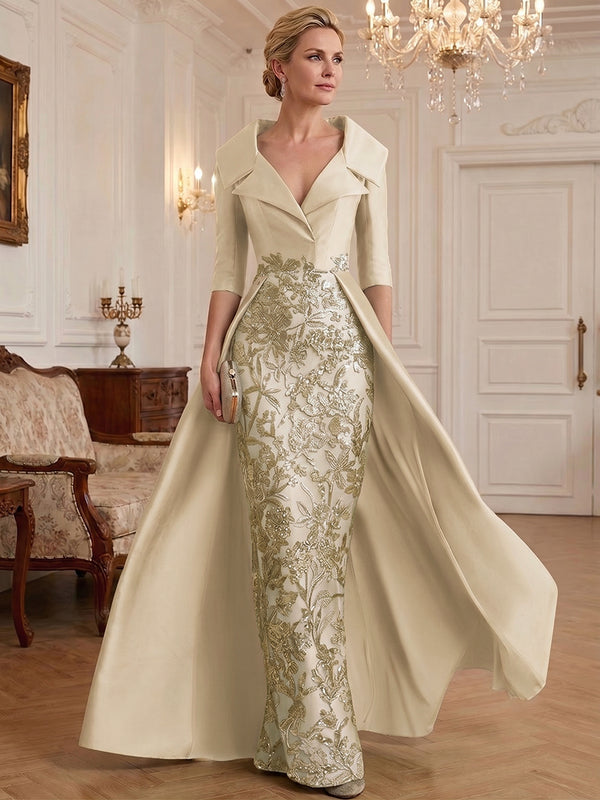 Sheath V Neck 3/4 Sleeve Sequined Mother of the Bride Dresses with Appliques