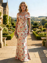 Mermaid Short Sleeve Sweetheart Floor-Length Mother of the Bride Dresses with Jacquard