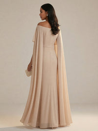 A-Line Chiffon Off-Shoulder Drape Floor-Length Mother of the Bride Dresses with Applique