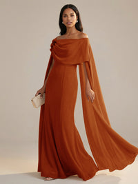 A-Line Chiffon Off-Shoulder Drape Floor-Length Mother of the Bride Dresses with Applique