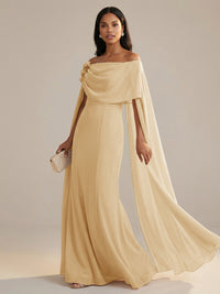 A-Line Chiffon Off-Shoulder Drape Floor-Length Mother of the Bride Dresses with Applique