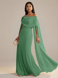 A-Line Chiffon Off-Shoulder Drape Floor-Length Mother of the Bride Dresses with Applique