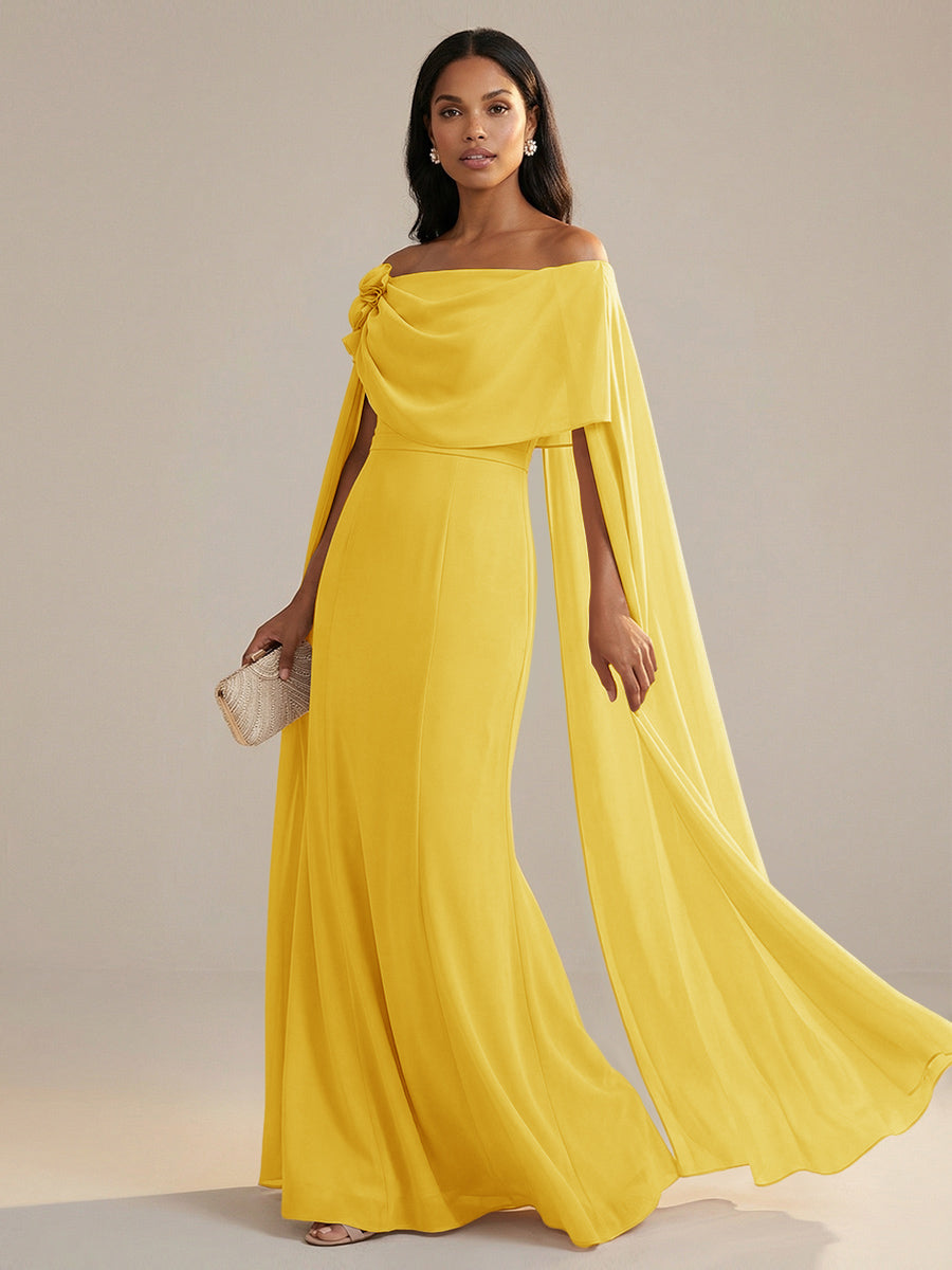 Champagne Mother of the Bride Dress 2026 Off Shoulder Cape Floor Length Elegant Wedding Guest Gown Champagne Mother of the Bride Dress 2026 Off Shoulder Cape Floor Length Elegant Wedding Guest Gown