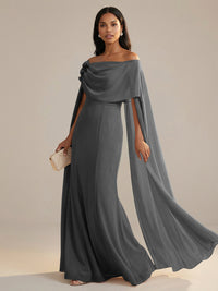 A-Line Chiffon Off-Shoulder Drape Floor-Length Mother of the Bride Dresses with Applique