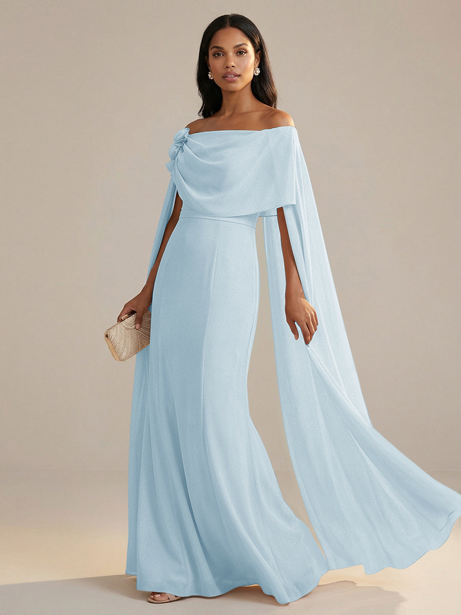 Champagne Mother of the Bride Dress 2026 Off Shoulder Cape Floor Length Elegant Wedding Guest Gown Champagne Mother of the Bride Dress 2026 Off Shoulder Cape Floor Length Elegant Wedding Guest Gown