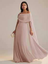 A-Line Chiffon Off-Shoulder Drape Floor-Length Mother of the Bride Dresses with Applique