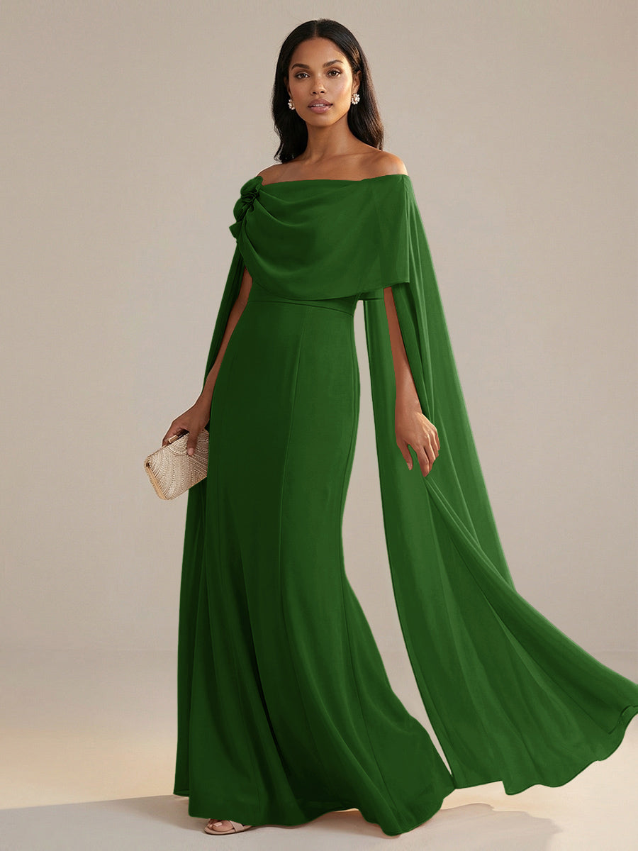Champagne Mother of the Bride Dress 2026 Off Shoulder Cape Floor Length Elegant Wedding Guest Gown Champagne Mother of the Bride Dress 2026 Off Shoulder Cape Floor Length Elegant Wedding Guest Gown