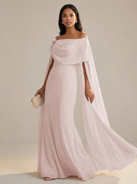A-Line Chiffon Off-Shoulder Drape Floor-Length Mother of the Bride Dresses with Applique
