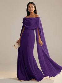A-Line Chiffon Off-Shoulder Drape Floor-Length Mother of the Bride Dresses with Applique