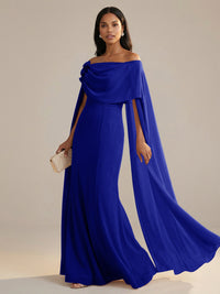 A-Line Chiffon Off-Shoulder Drape Floor-Length Mother of the Bride Dresses with Applique