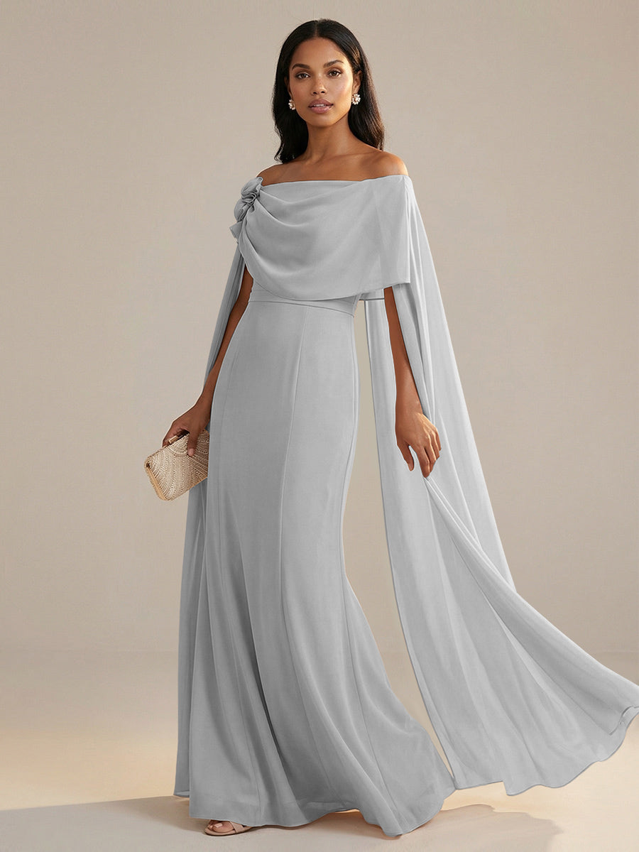 Shirees Silver A-Line Chiffon Off-Shoulder Drape Floor-Length Mother of the Bride Dresses with Applique 2026