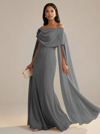 A-Line Chiffon Off-Shoulder Drape Floor-Length Mother of the Bride Dresses with Applique