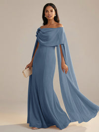 A-Line Chiffon Off-Shoulder Drape Floor-Length Mother of the Bride Dresses with Applique