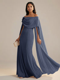 A-Line Chiffon Off-Shoulder Drape Floor-Length Mother of the Bride Dresses with Applique