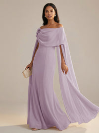 A-Line Chiffon Off-Shoulder Drape Floor-Length Mother of the Bride Dresses with Applique