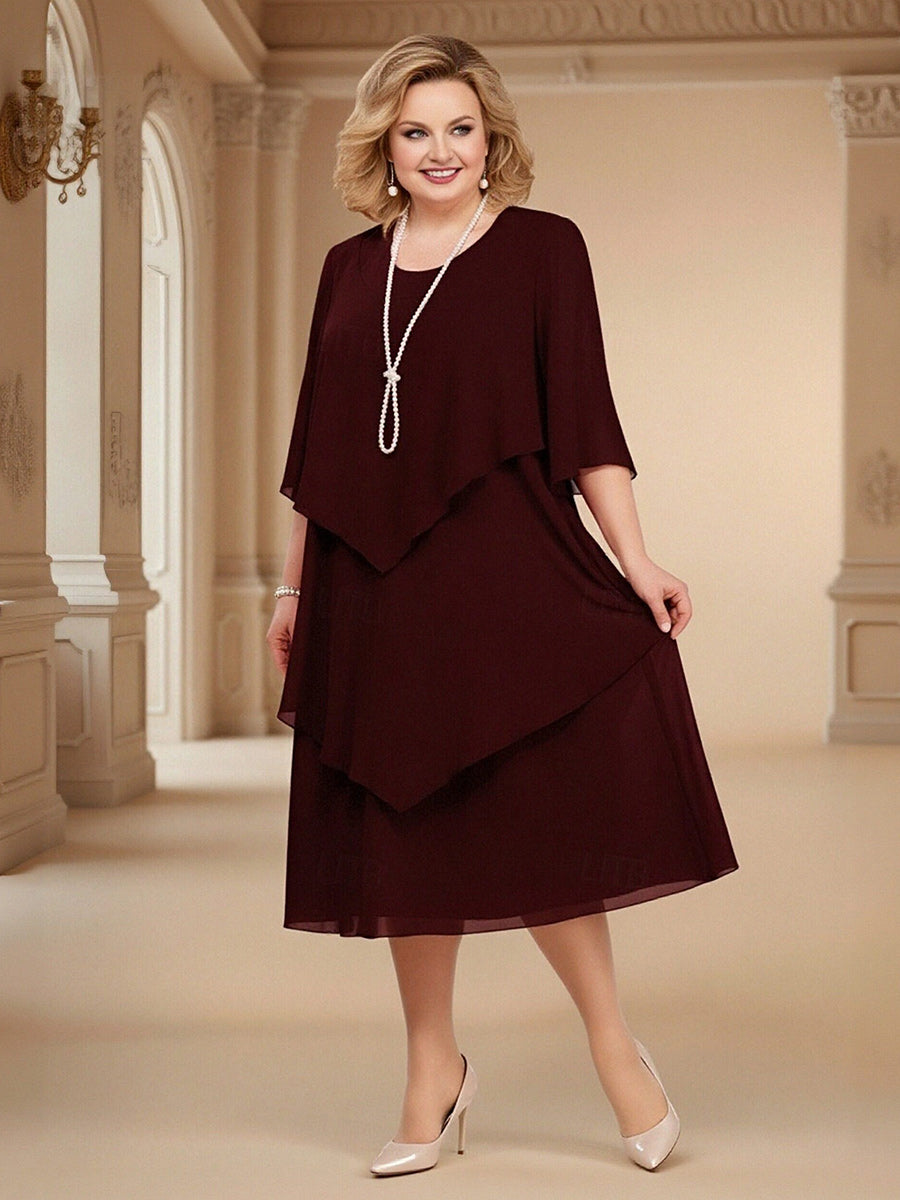 Column Chiffon Scoop Neck Asymmetrical Tea-Length Mother of the Bride Dresses