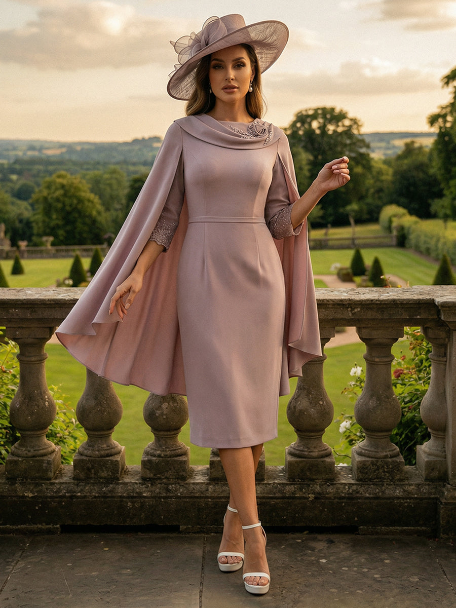 Dusty Pink Mother of The Bride Dress 2026 Cape Sleeve Tea Length Elegant Wedding Guest Formal Dress