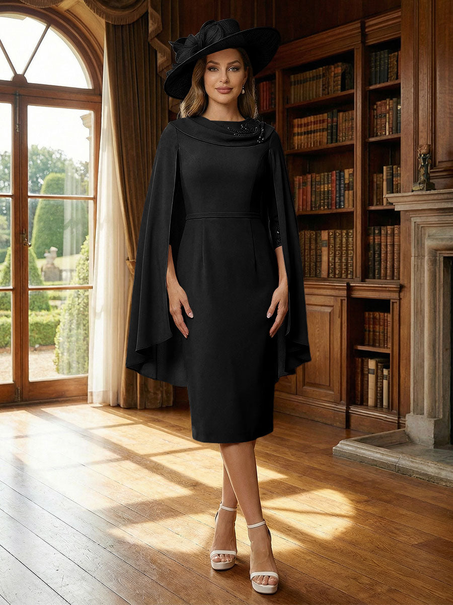 Column Chiffon Cape Sleeve Tea-Length Mother of the Bride Dresses, Party Dress for Women