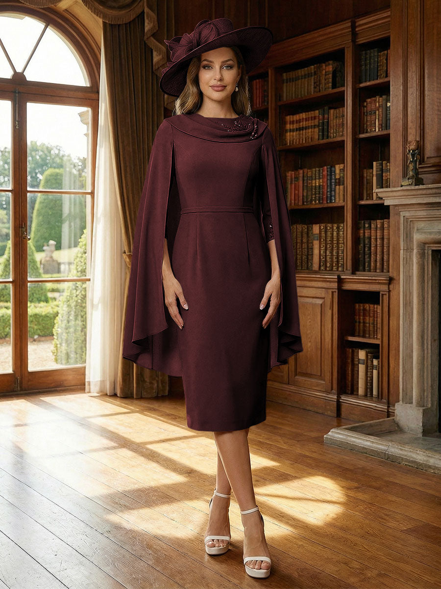 Column Chiffon Cape Sleeve Tea-Length Mother of the Bride Dresses, Party Dress for Women