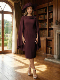 Column Chiffon Cape Sleeve Tea-Length Mother of the Bride Dresses, Party Dress for Women