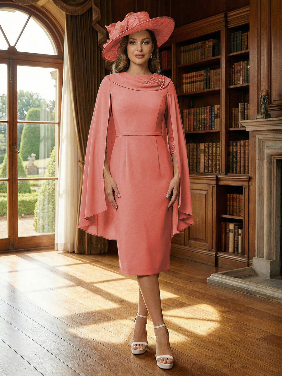 Column Chiffon Cape Sleeve Tea-Length Mother of the Bride Dresses, Party Dress for Women