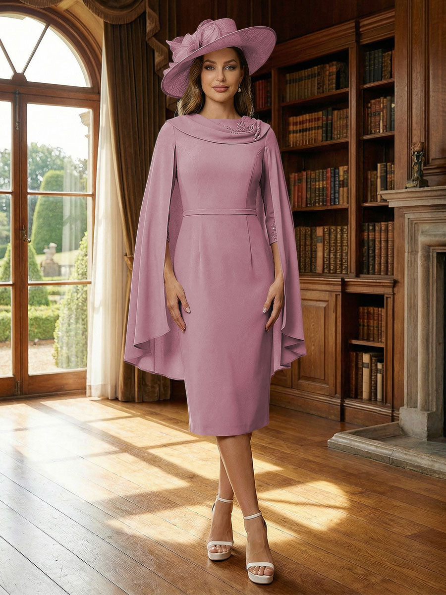 Column Chiffon Cape Sleeve Tea-Length Mother of the Bride Dresses, Party Dress for Women