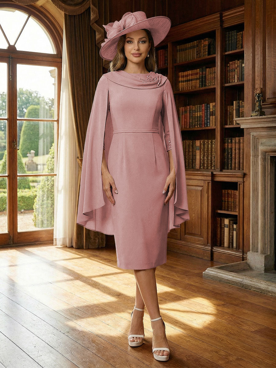 Column Chiffon Cape Sleeve Tea-Length Mother of the Bride Dresses, Party Dress for Women