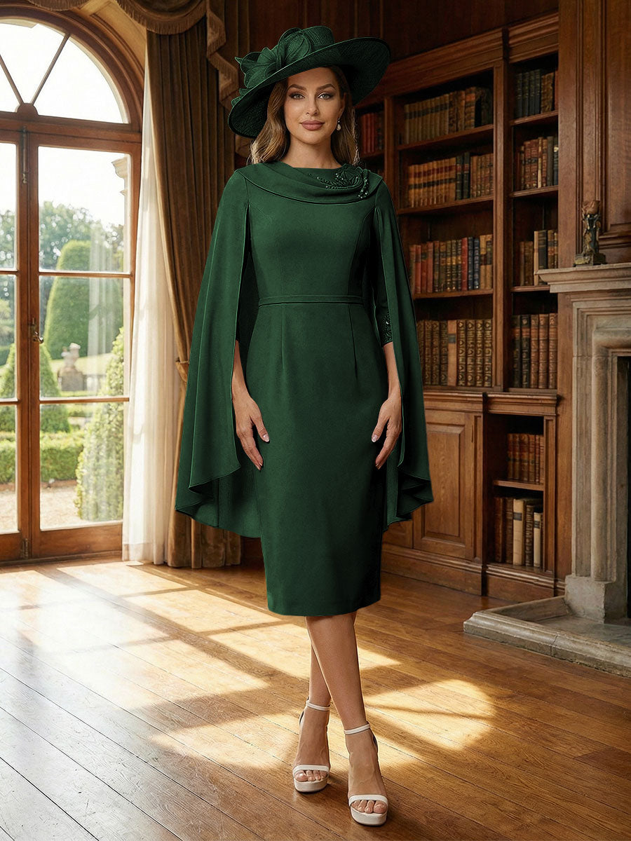 Column Chiffon Cape Sleeve Tea-Length Mother of the Bride Dresses, Party Dress for Women