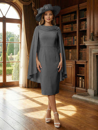 Column Chiffon Cape Sleeve Tea-Length Mother of the Bride Dresses, Party Dress for Women