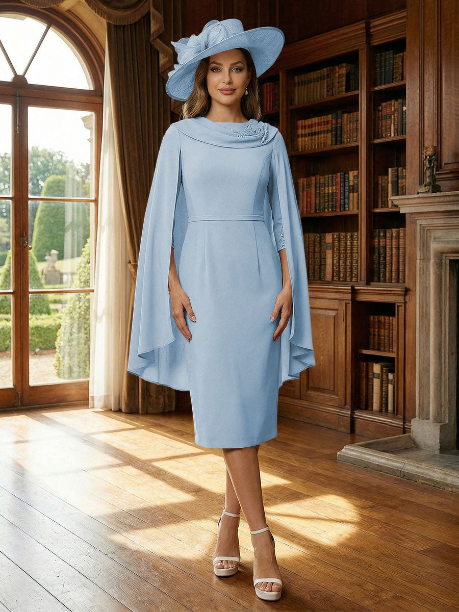 Column Chiffon Cape Sleeve Tea-Length Mother of the Bride Dresses, Party Dress for Women