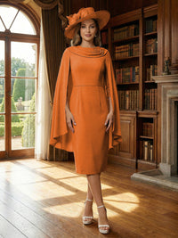 Column Chiffon Cape Sleeve Tea-Length Mother of the Bride Dresses, Party Dress for Women