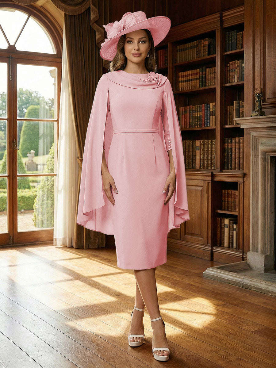 Column Chiffon Cape Sleeve Tea-Length Mother of the Bride Dresses, Party Dress for Women