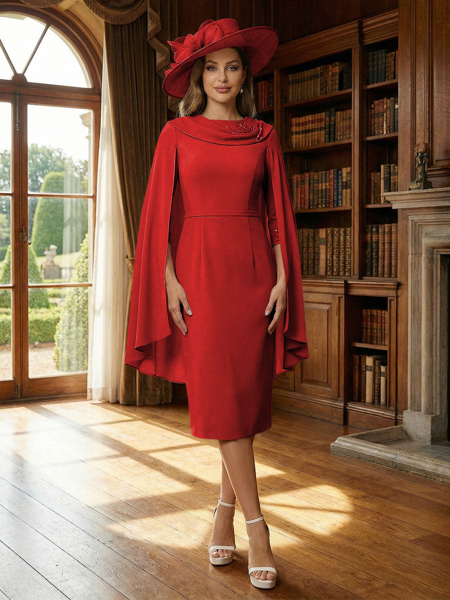 Column Chiffon Cape Sleeve Tea-Length Mother of the Bride Dresses, Party Dress for Women