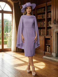 Column Chiffon Cape Sleeve Tea-Length Mother of the Bride Dresses, Party Dress for Women