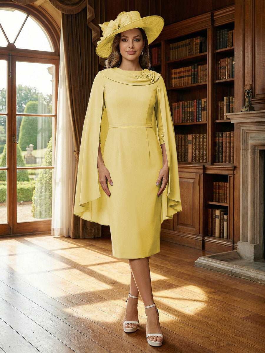 Column Chiffon Cape Sleeve Tea-Length Mother of the Bride Dresses, Party Dress for Women